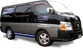 Southern Comfort Air Conditioning branded service van, side view showing the company wordmark and website